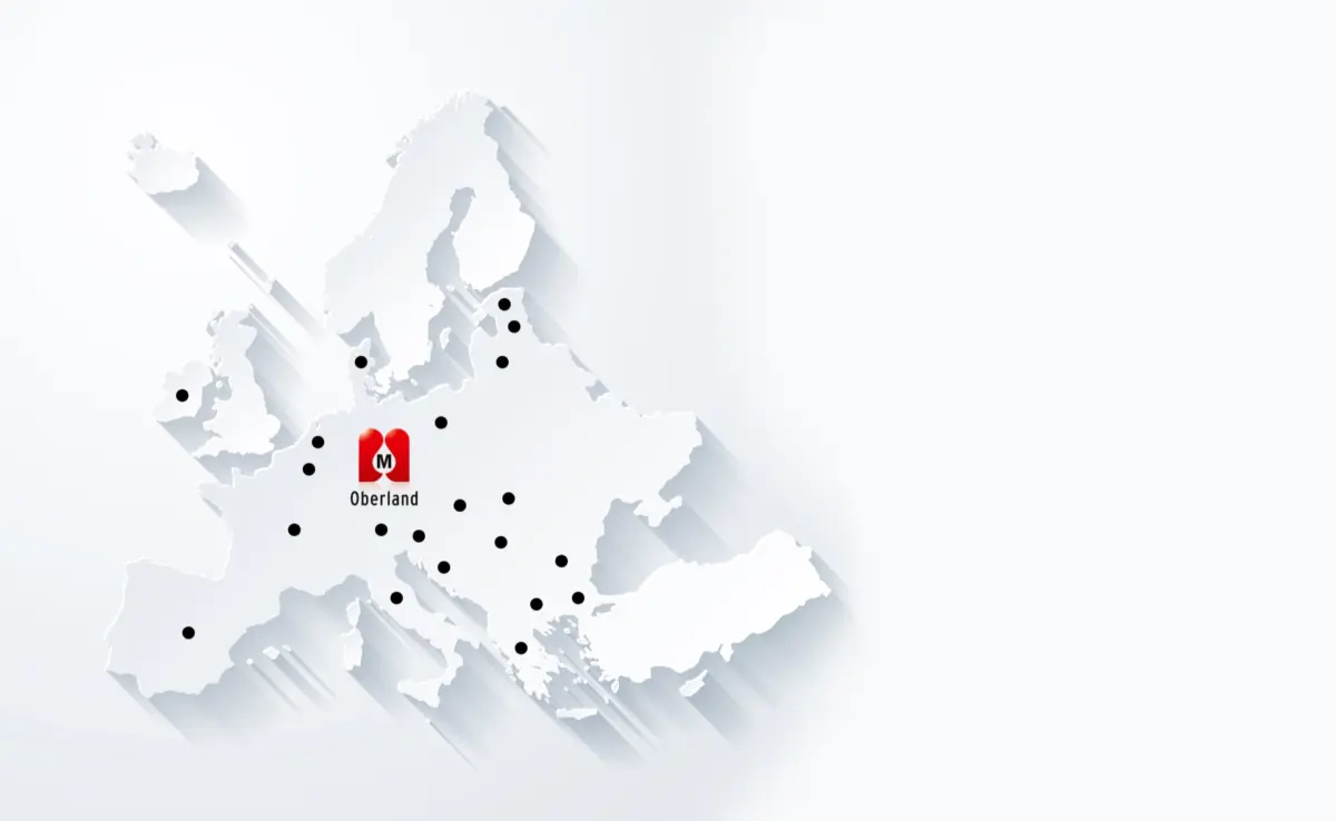 Karte von Europa zeigt verschiedene Standorte von Kunden und Partnern von Oberland eG