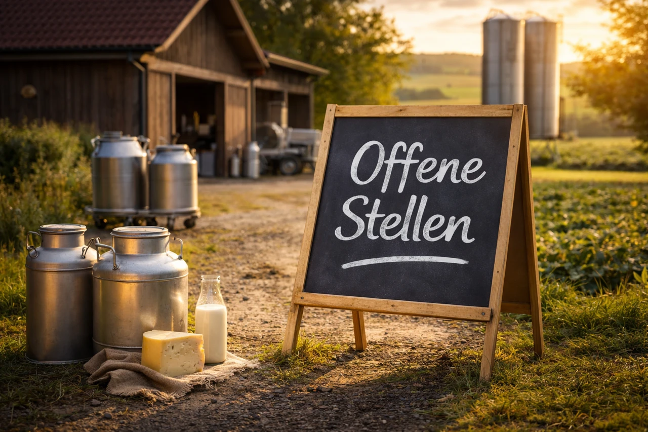 Ein Schild mit der Aufschrift offene Stellen steht an einem idyllischen Bauernhof